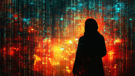 A silhouette of a person stands against a glowing wall of digital codeの素材