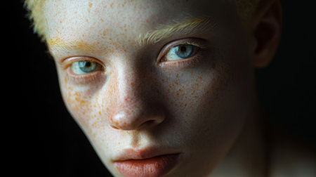 Portrait of a young person with striking features and freckles in soft, natural lightの素材