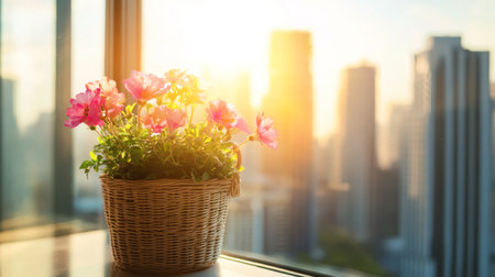 Beautiful flower delivery with sunlight illuminating a city view in the backgroundの素材
