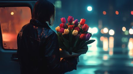 Flower delivery at night in a vibrant urban setting with colorful tulipsの素材
