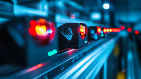 Advanced automated systems using red lighting in a modern industrial facility at nightの素材