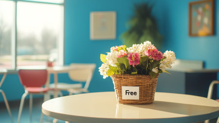 Colorful flower basket with free sign placed on a table in a vibrant indoor settingの素材