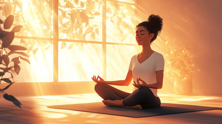 A woman practices meditation in a sunlit room surrounded by plants in the afternoonの素材