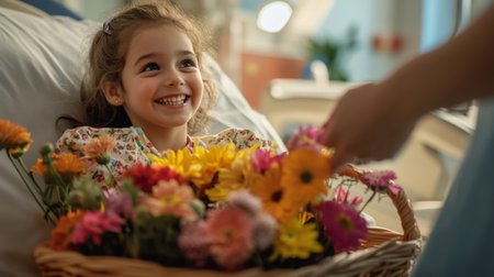Flower delivery brightens up hospital room for young girl with joyful smileの素材
