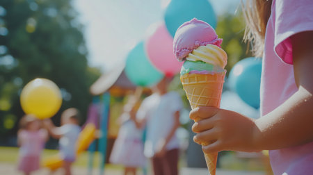 Children enjoy ice cream while playing outdoors with colorful balloons at a sunny parkの素材