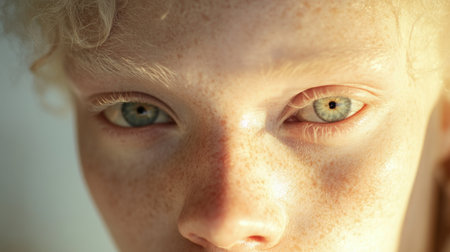 A close-up of a persons face, showing their blue eyes and light skinの素材