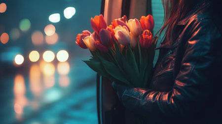 Flower delivery service brings bright tulips to city streets during a rainy nightの素材