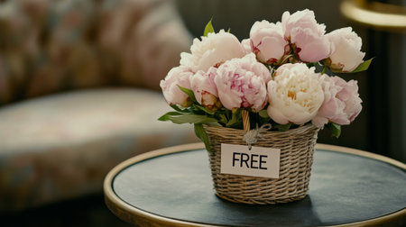 Flower delivery service offers free peony arrangement in cozy settingの素材