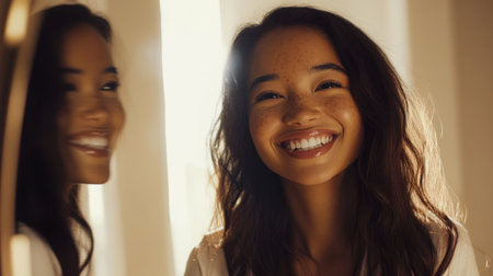Joyful young woman smiling in front of a mirror during the golden hour at homeの素材