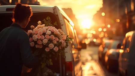 Flower delivery at sunset offers a beautiful view of city streets and blossoming rosesの素材