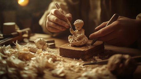 Craftsman intricately carving a wooden figure in a workshop during daylight hoursの素材