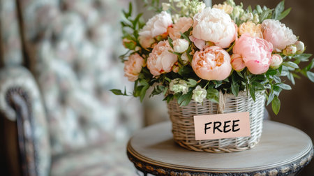 Beautiful flower arrangement offered for free on a wooden table in a cozy indoor settingの素材