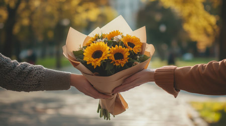 Sunflowers delivered with care in a vibrant park during autumnの素材