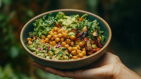 A hand holds a bowl of chickpeas, avocado, and kaleの素材