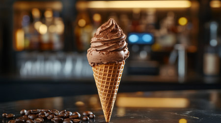 Indulging in chocolate ice cream cone on a marble counter next to coffee beansの素材