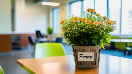 Bright flower arrangement offered for free in modern workspace setting with natural lightの素材