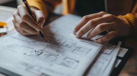 Creative individual sketching design ideas on paper in a cozy workspace during the daytimeの素材