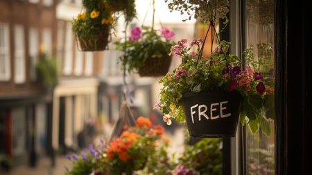 Floral display promoting free flower delivery on a vibrant street in a quaint townの素材