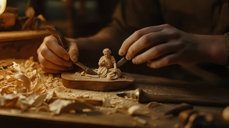 A skilled artisan carves a detailed figurine in a workshop filled with wood shavingsの素材