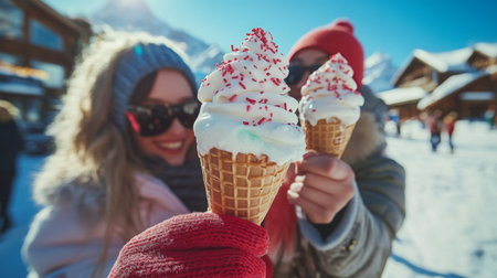 Enjoying delicious ice cream in the snowy mountains on a bright sunny dayの素材