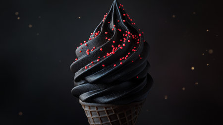 Unique black ice cream cone with red sprinkles served against a dark backgroundの素材