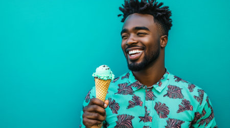 Joyful man enjoys mint chocolate chip ice cream against a vibrant backdrop on a sunny dayの素材