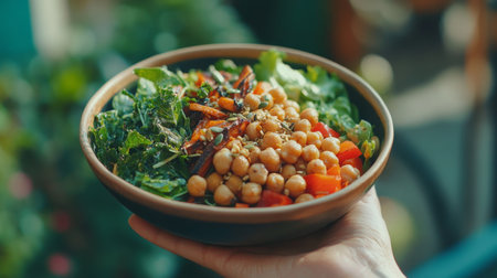 Fresh salad with chickpeas, tomatoes, and greens prepared outdoors on a sunny dayの素材