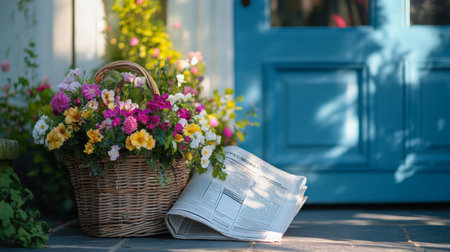Flower delivery basket rests by bright blue door with fresh blooms for a cheerful welcomeの素材