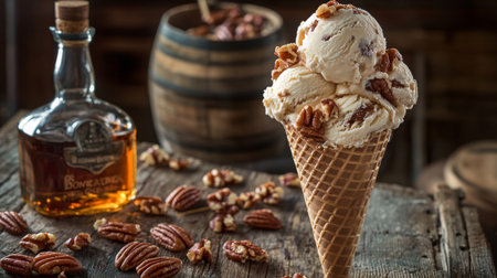 Indulging in delicious ai-inspired ice cream with pecans and whiskeyの素材