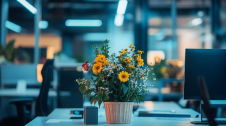 Vibrant flower arrangement brightens up a modern office space during the dayの素材