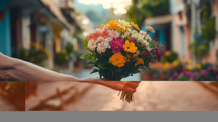 Delivery of vibrant flowers in a charming street with colorful houses during daylightの素材