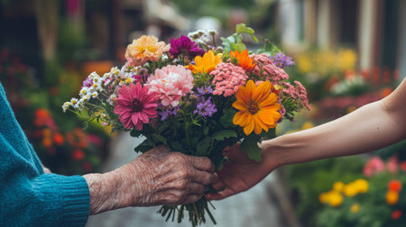 Delivery of vibrant flowers brings joy to an elderly person in a serene garden settingの素材