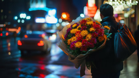 Delivery of vibrant flowers on a busy city street at nightの素材