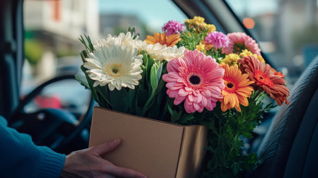 A person delivers a box filled with colorful flowers from the drivers seat of a vanの素材