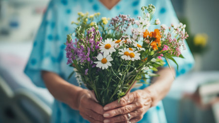 Bright bouquet of flowers delivered to a hospital room to uplift spiritsの素材