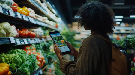 A person examines fresh produce while using a mobile device in a bustling grocery storeの素材
