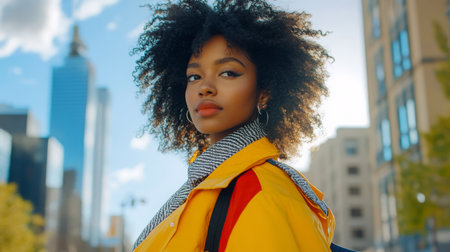 A woman with curly hair walks through the city in a yellow jacketの素材