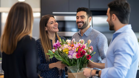 Friends celebrating with flower delivery at home during a joyful gatheringの素材