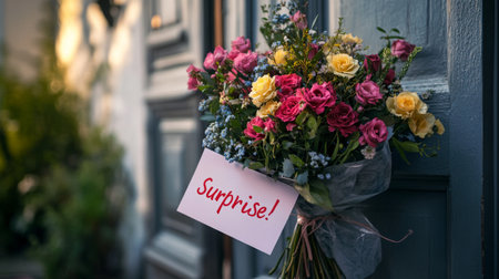 Special floral delivery brings joy to someones doorstep with a cheerful surpriseの素材
