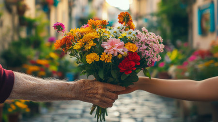Colorful flower delivery shared between generations in a vibrant street settingの素材
