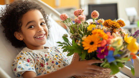 Cheerful child receiving a colorful flower delivery in a hospital roomの素材