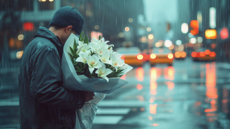 Man holding a bouquet of white flowers in rainy city streets during eveningの素材