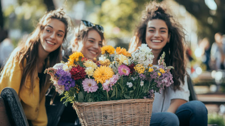 Three friends enjoy a sunny day with a vibrant flower arrangement in a park settingの素材