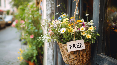 Bright flower basket with free delivery sign in a charming street locationの素材