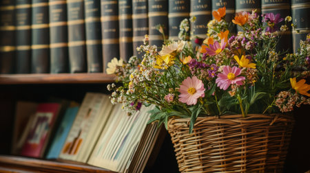 Beautiful bouquet of wildflowers in a woven basket near vintage books in a cozy settingの素材
