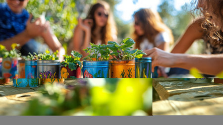 Painted cans with plants are on a wooden table in the gardenの素材