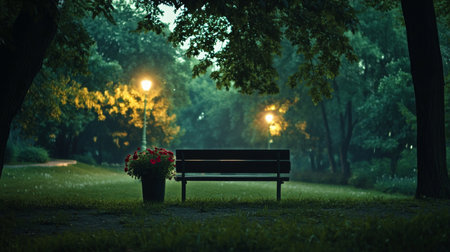 Evening tranquility with flowers and a bench in a serene park settingの素材
