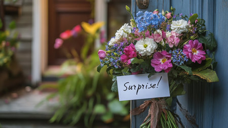 Flower delivery bringing joy to a doorstep surprise on a sunny dayの素材
