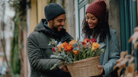 Couple enjoys flower delivery on a chilly day in the cityの素材