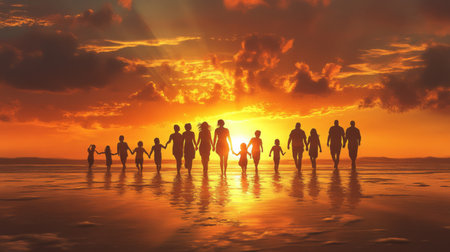 Families walk hand in hand towards the sunset on a beach during a warm summer eveningの素材